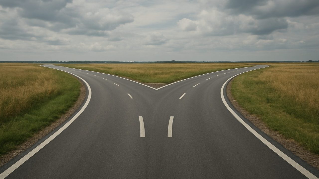 A wide open road splitting into two paths surrounded by grassland and cloudy skies