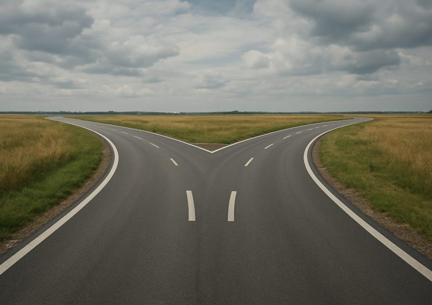 A wide open road splitting into two paths surrounded by grassland and cloudy skies