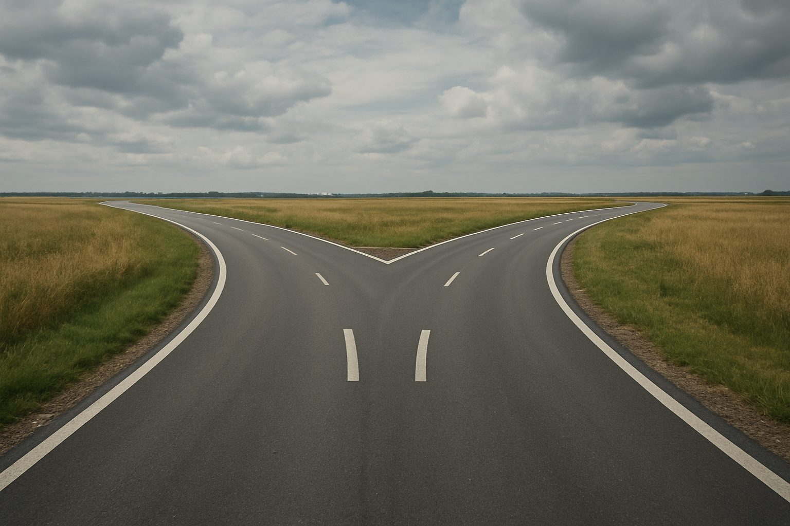 A wide open road splitting into two paths surrounded by grassland and cloudy skies